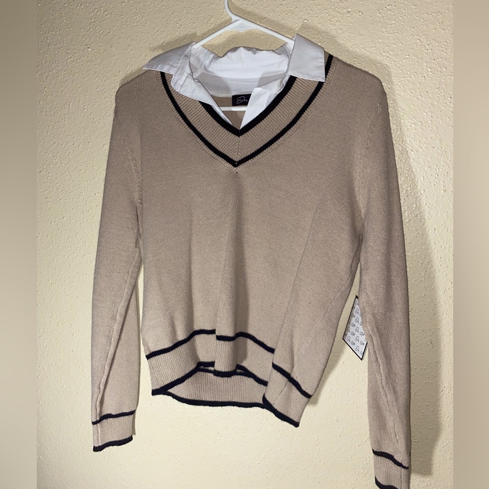Brand New Beige Sweater Paired with Button-Up White Shirt - Size Extra Small